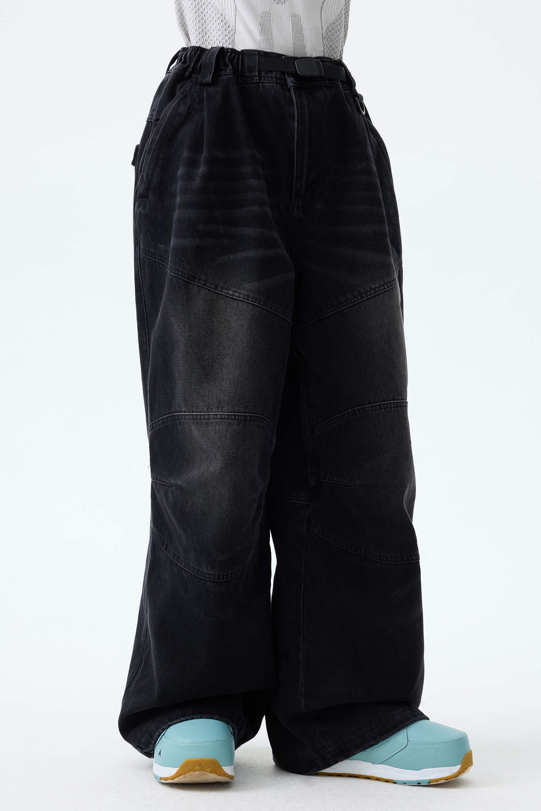 Women's Ice Blue Wash Real Denim Articulated-Knee Baggy Snow Pants