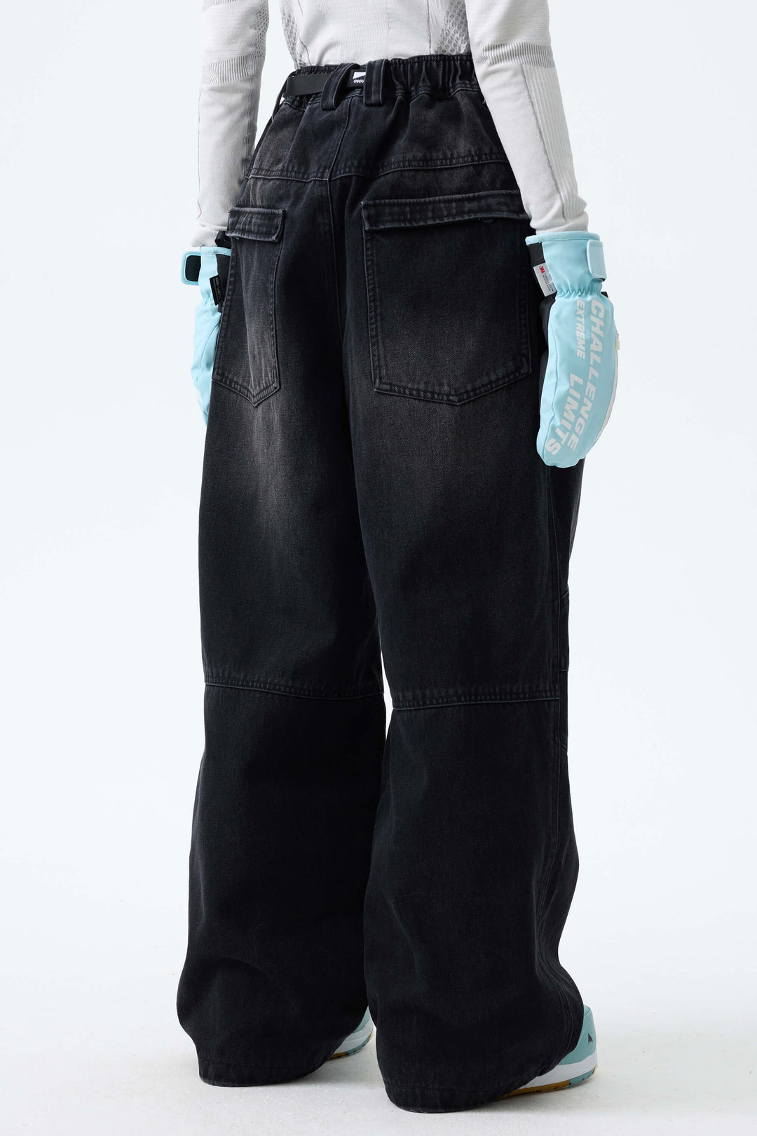 Women's Washed Black Real Denim Articulated-Knee Baggy Snow Pants