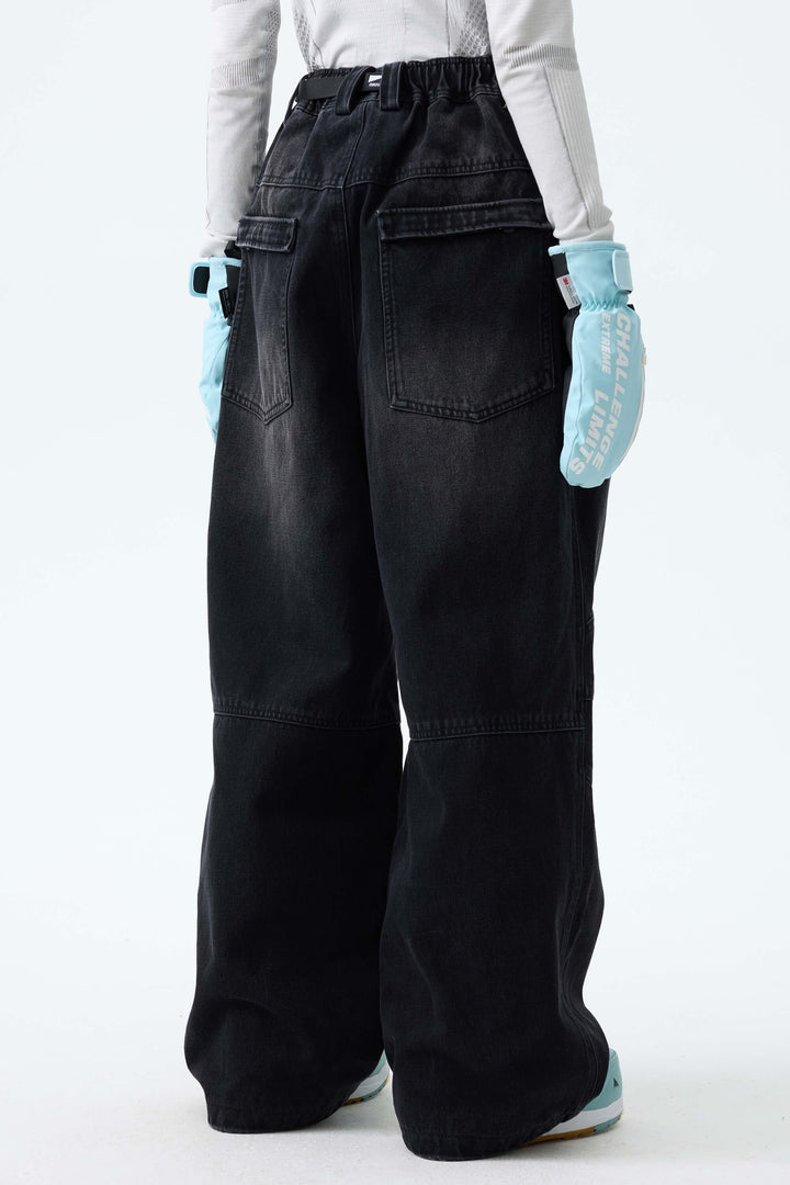 Women's Washed Black Real Denim Articulated-Knee Baggy Snow Pants