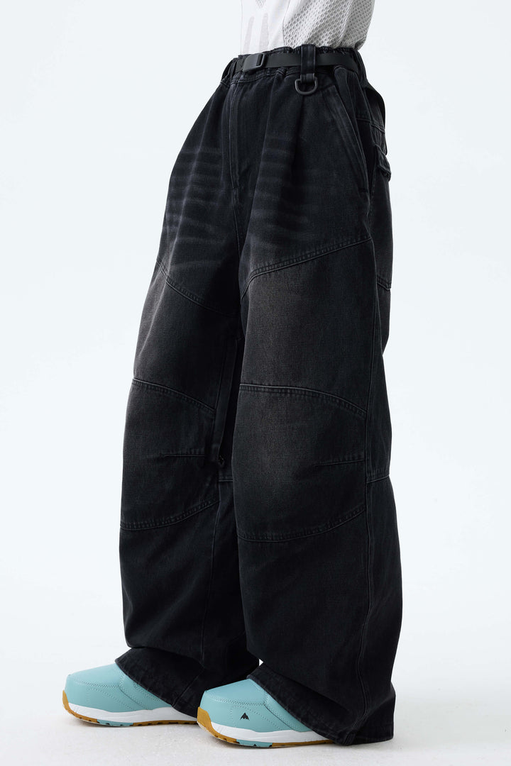 Women's Washed Black Real Denim Articulated-Knee Baggy Snow Pants