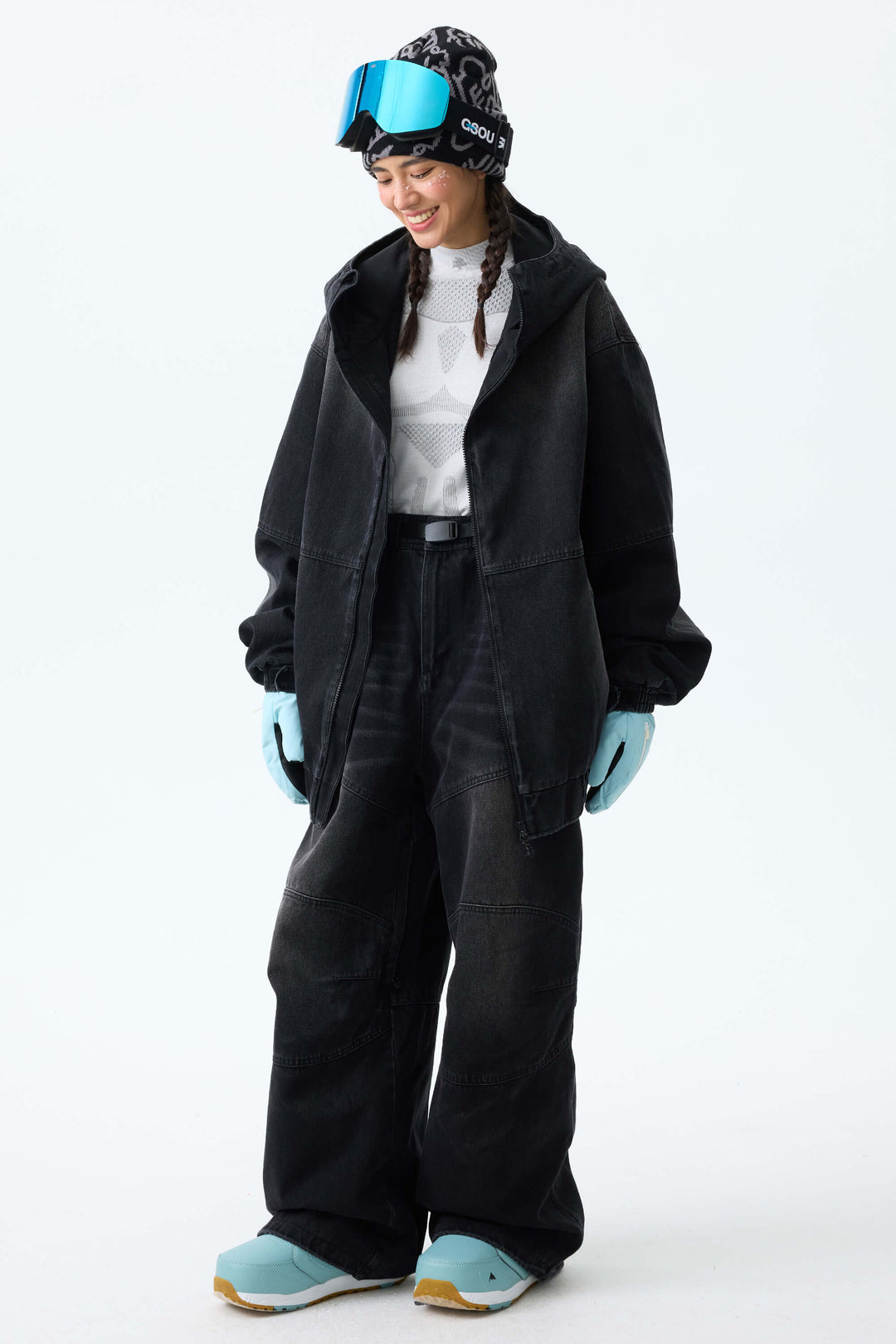 Women's Ice Blue Wash Real Denim Articulated-Knee Baggy Snow Pants