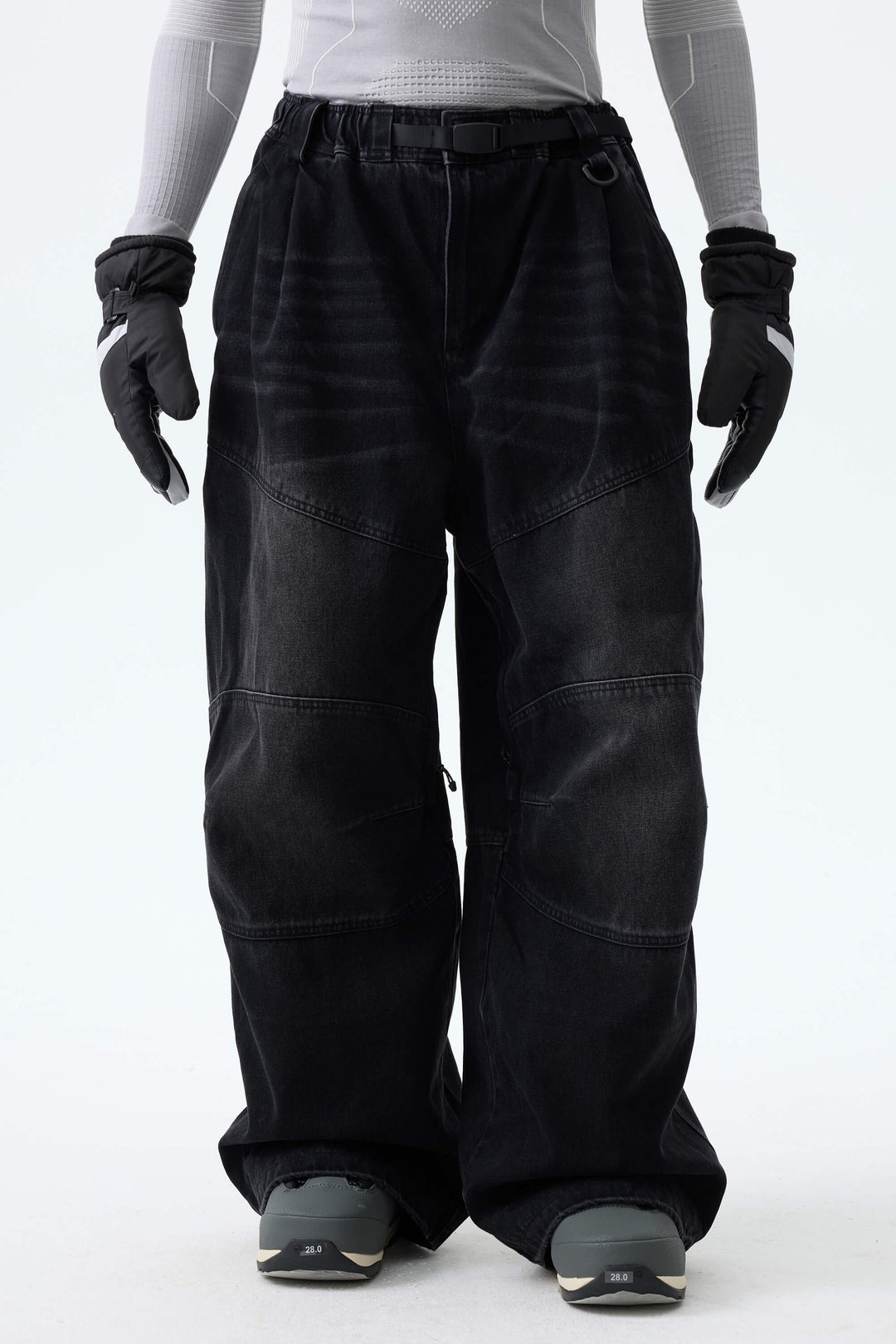 Men's Washed Black Real Denim Articulated-Knee Baggy Snow Pants