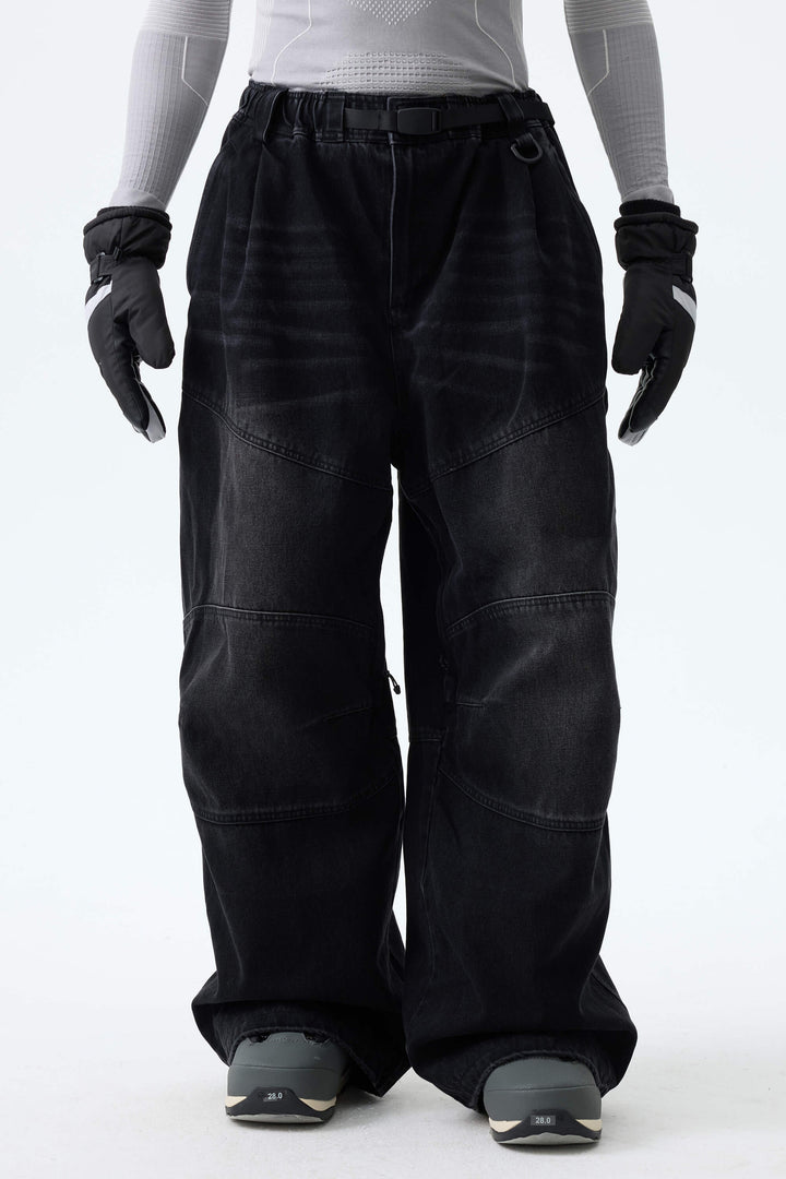 Men's Washed Black Real Denim Articulated-Knee Baggy Snow Pants