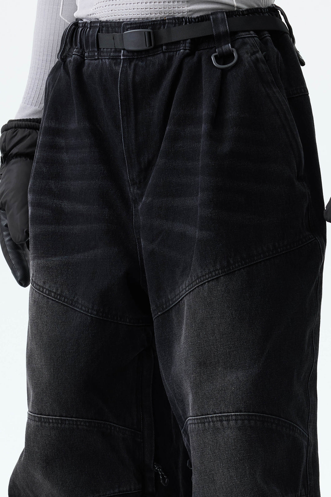 Men's Washed Black Real Denim Articulated-Knee Baggy Snow Pants