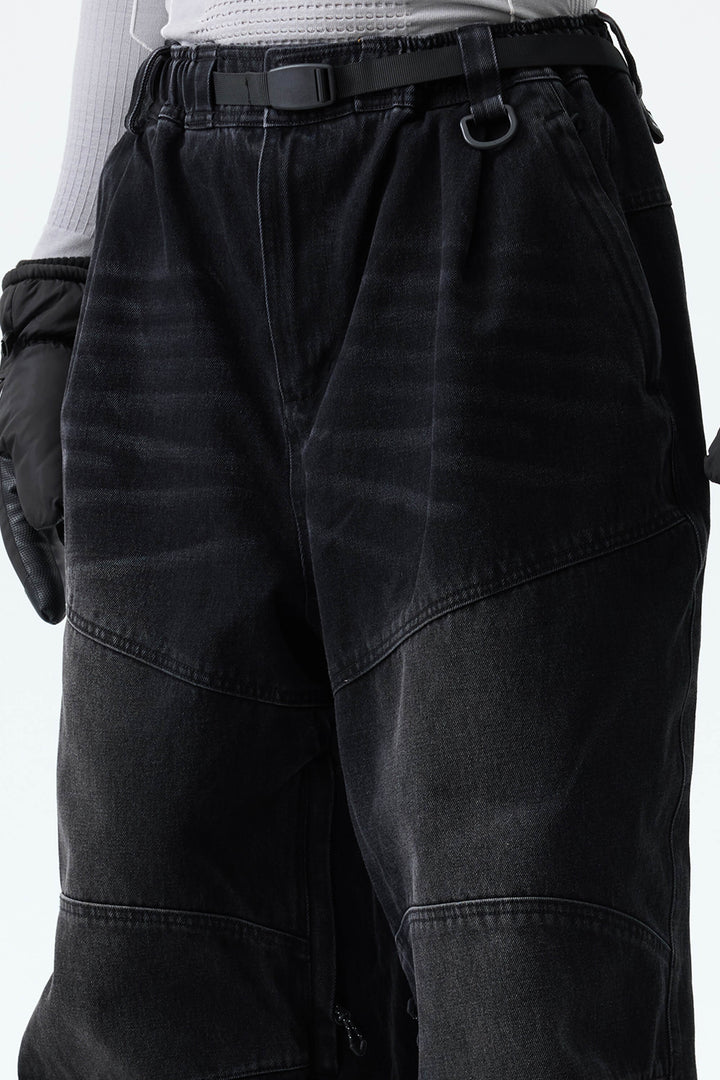 Men's Washed Black Real Denim Articulated-Knee Baggy Snow Pants