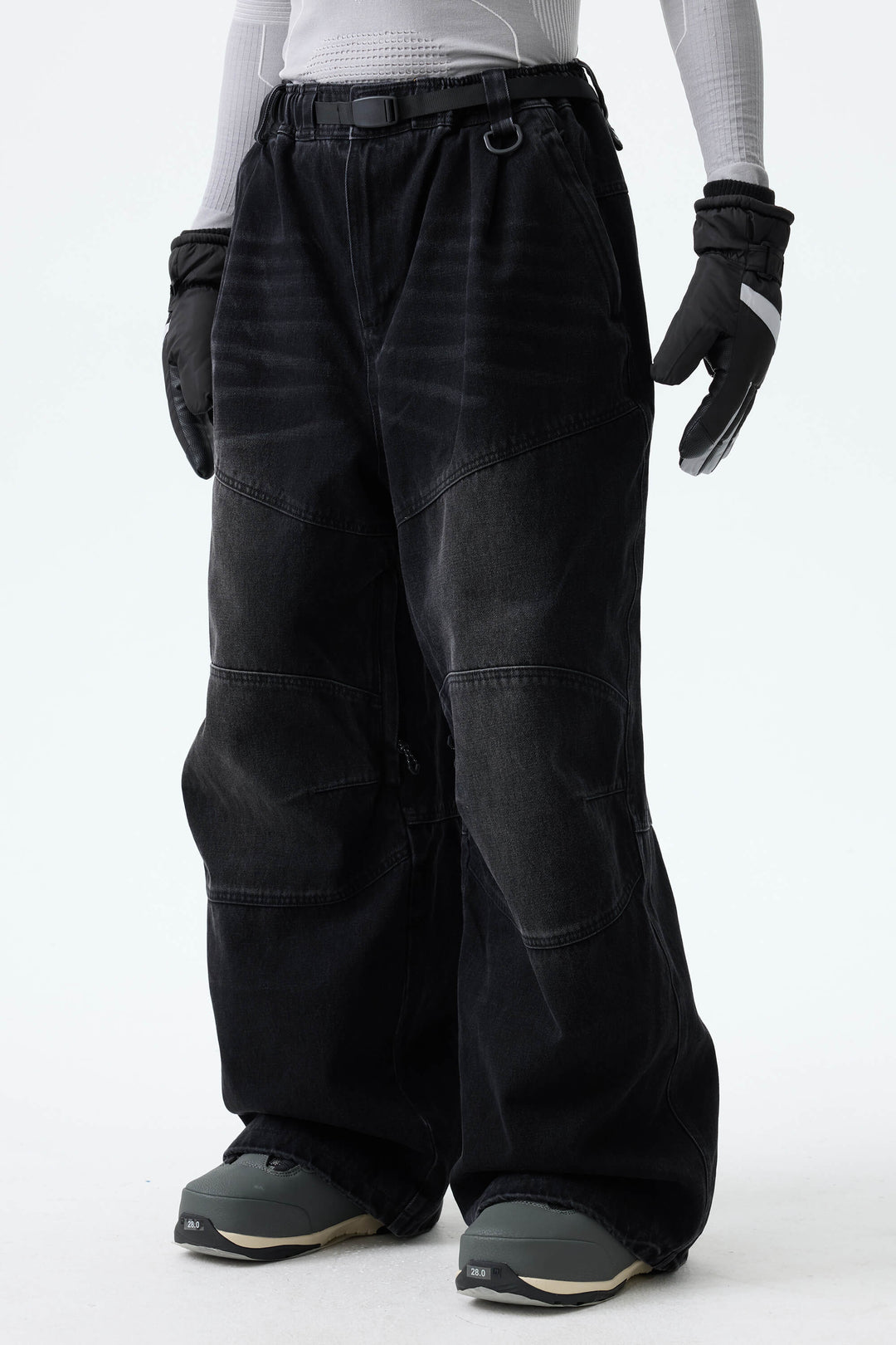 Men's Washed Black Real Denim Articulated-Knee Baggy Snow Pants