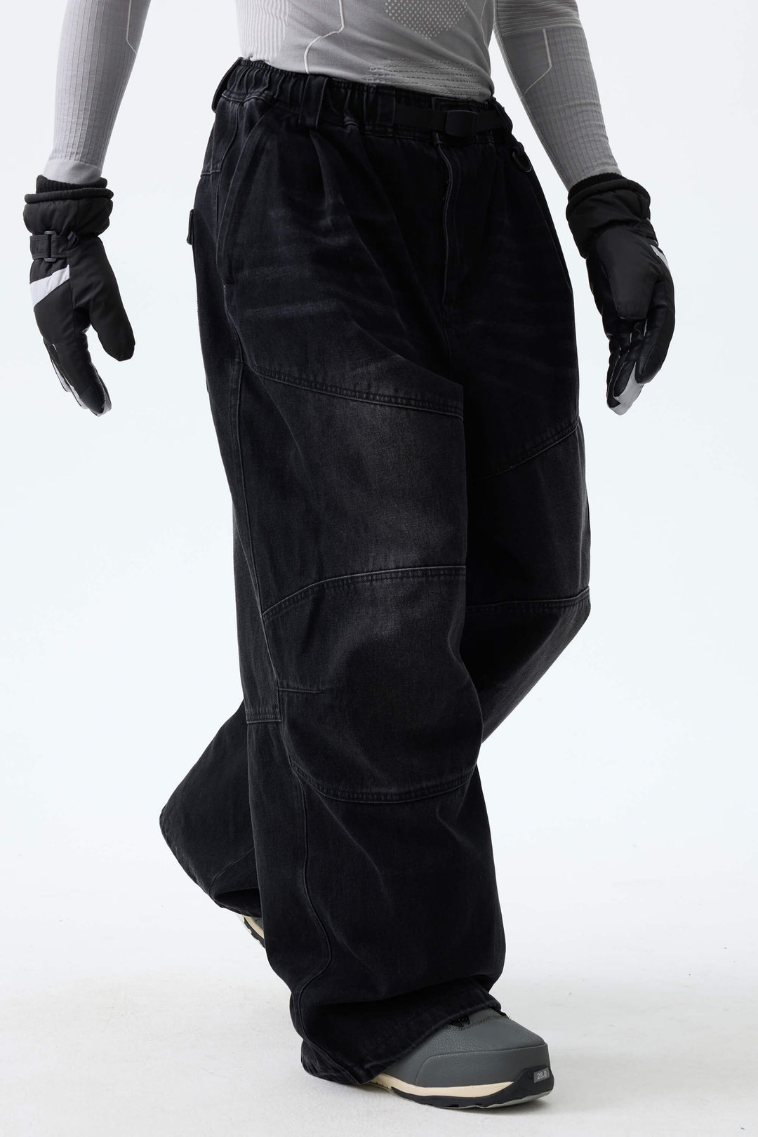 Men's Washed Black Real Denim Articulated-Knee Baggy Snow Pants
