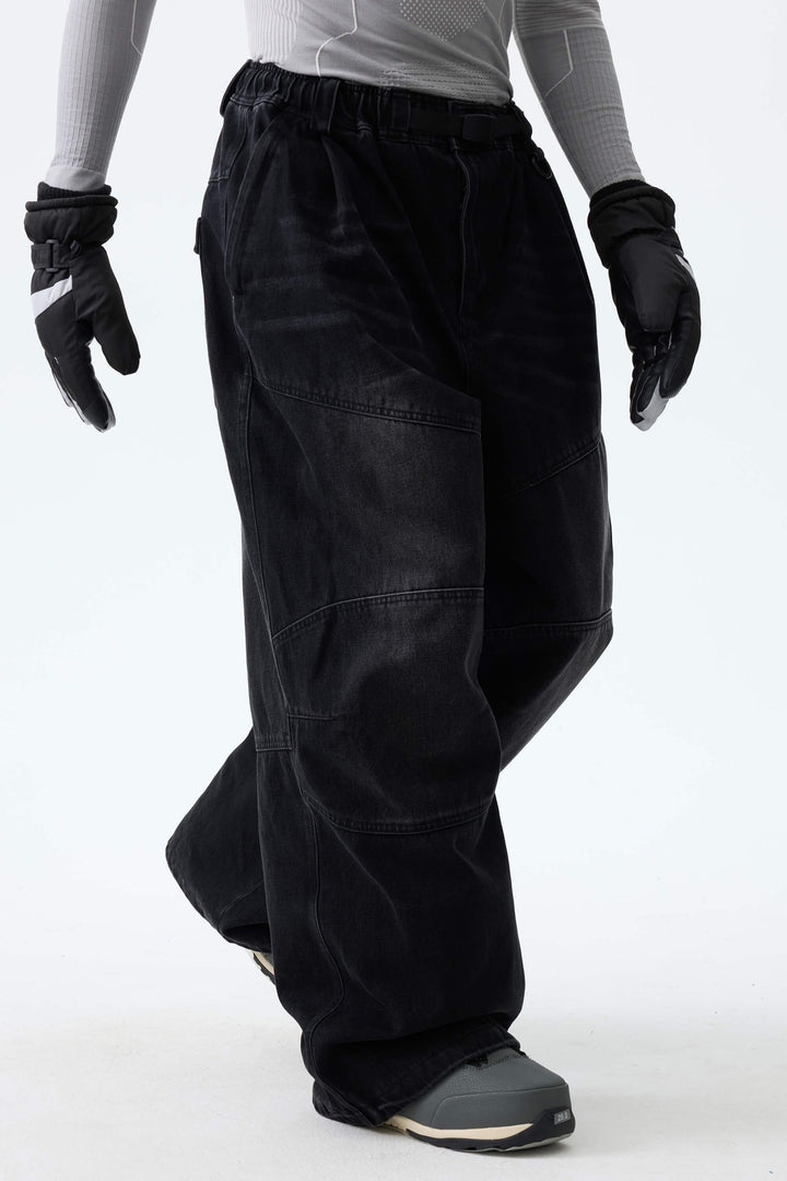 Men's Washed Black Real Denim Articulated-Knee Baggy Snow Pants
