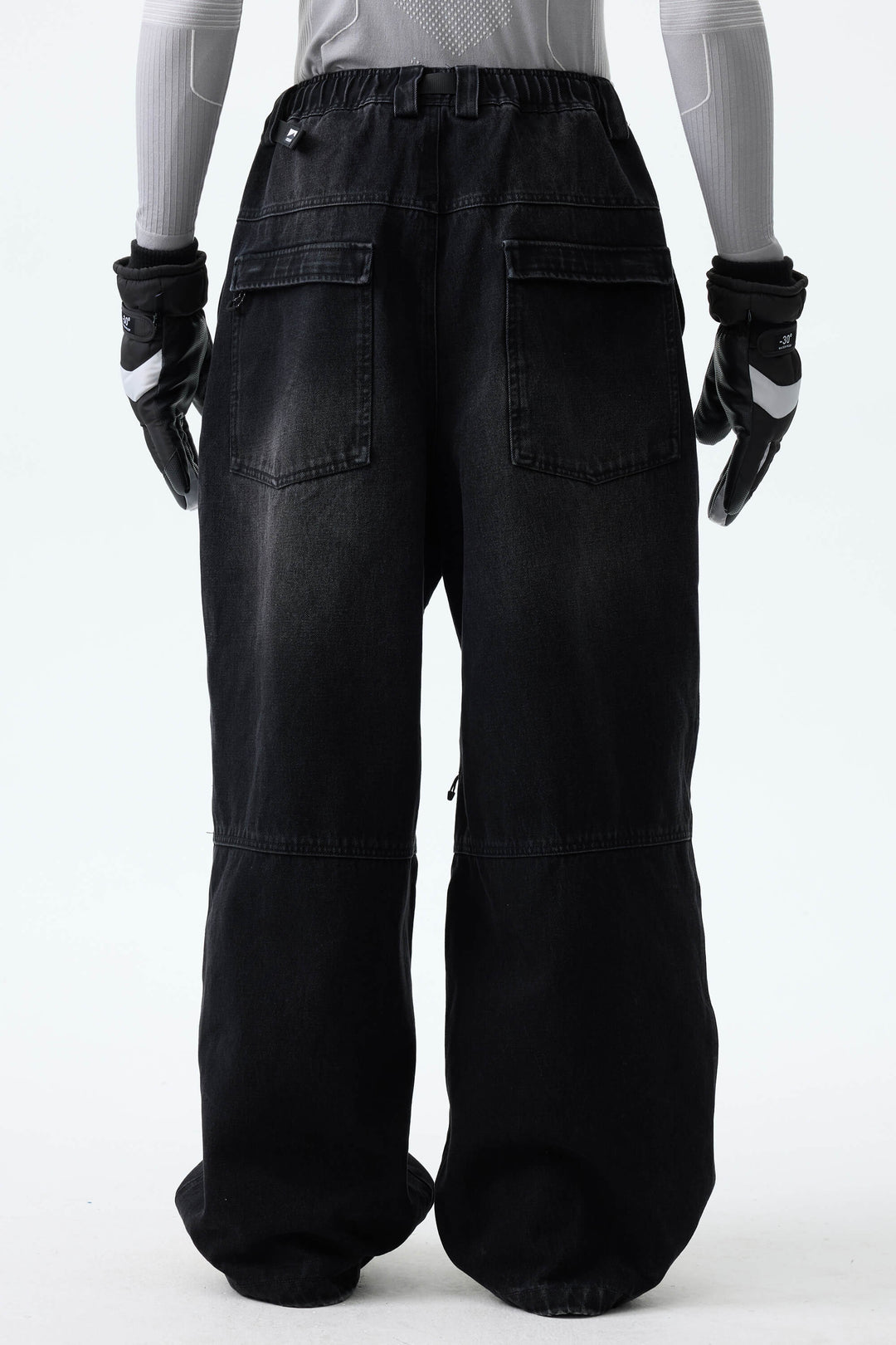 Men's Washed Black Real Denim Articulated-Knee Baggy Snow Pants