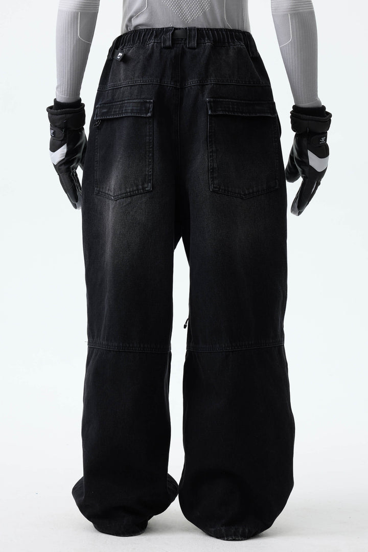 Men's Washed Black Real Denim Articulated-Knee Baggy Snow Pants