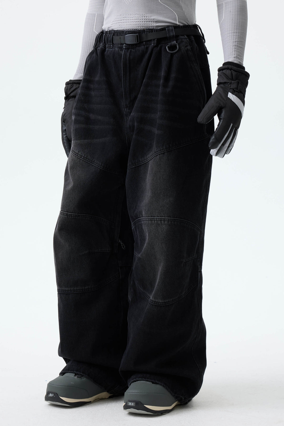 Men's Washed Black Real Denim Articulated-Knee Baggy Snow Pants