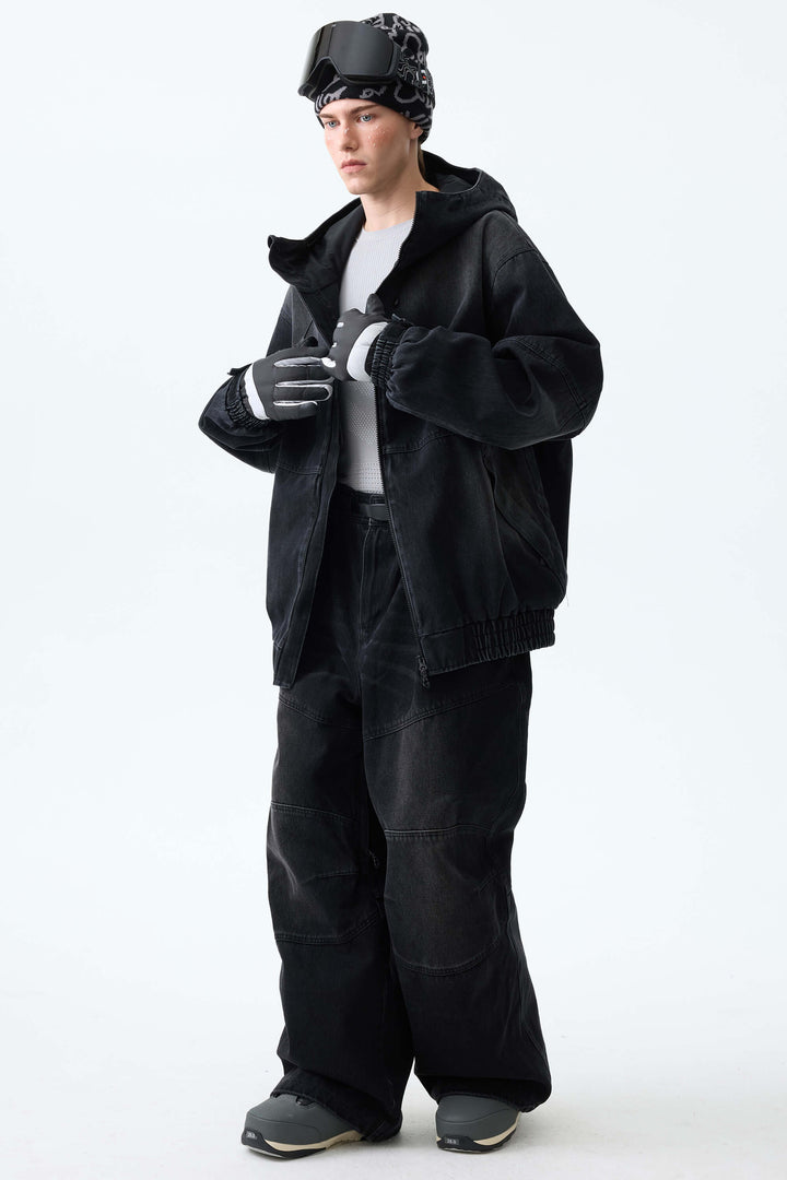 Men's Washed Black Real Denim Articulated-Knee Baggy Snow Pants