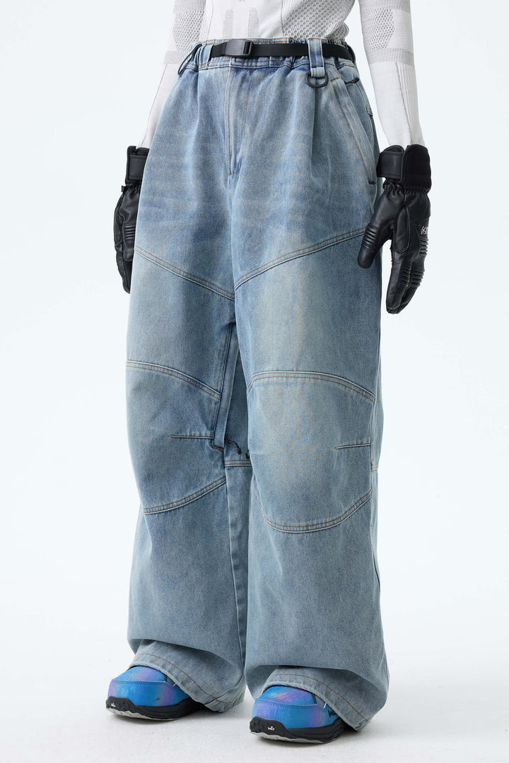 Women's Ice Blue Wash Real Denim Articulated-Knee Baggy Snow Pants