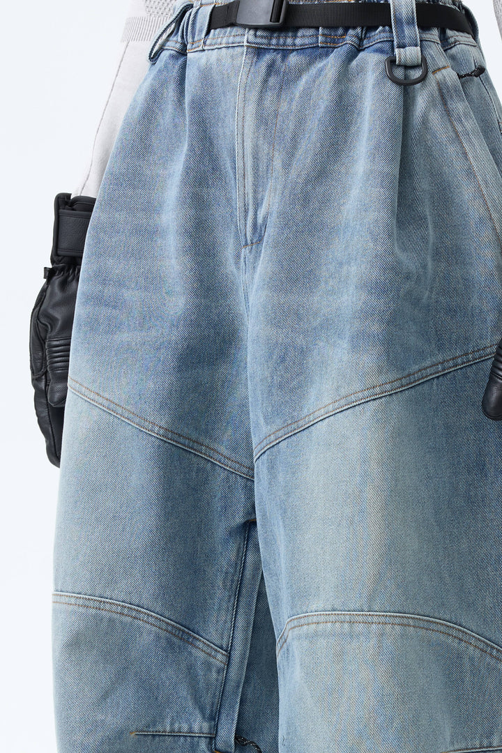 Women's Dusty Blue Wash Real Denim Articulated-Knee Baggy Snow Pants