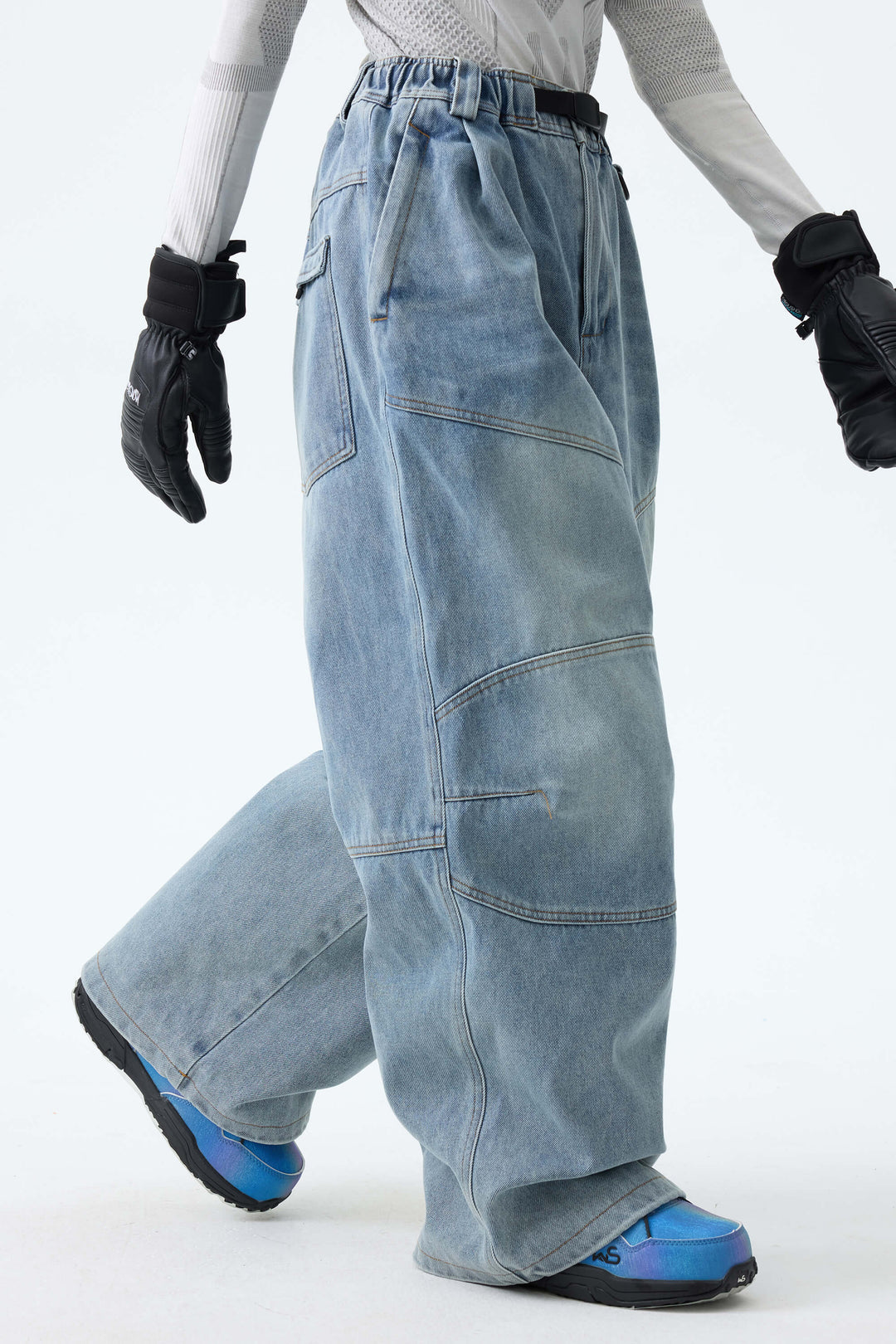Women's Ice Blue Wash Real Denim Articulated-Knee Baggy Snow Pants