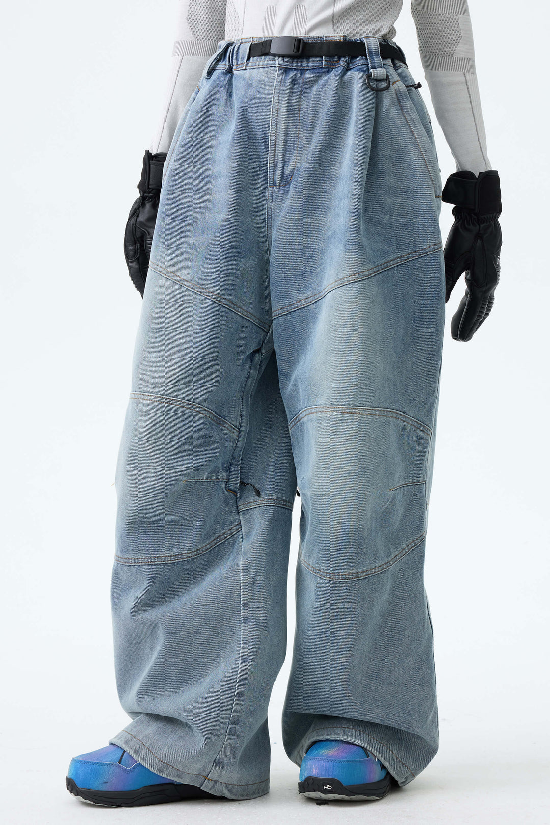 Women's Dusty Blue Wash Real Denim Articulated-Knee Baggy Snow Pants