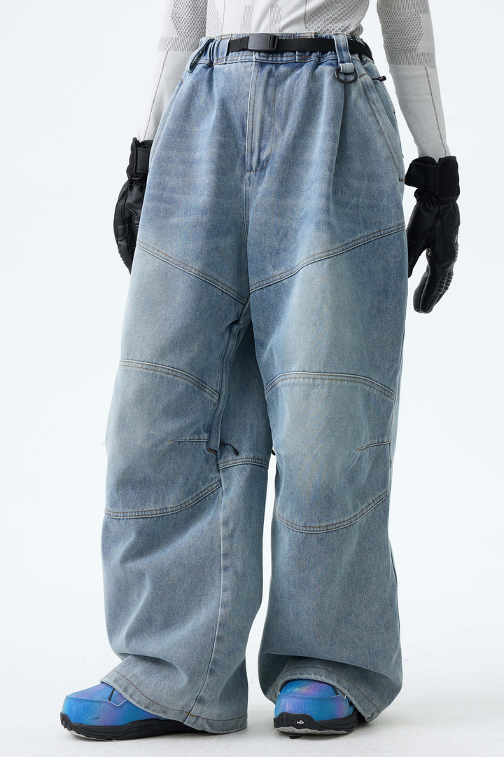 Women's Dusty Blue Wash Real Denim Articulated-Knee Baggy Snow Pants