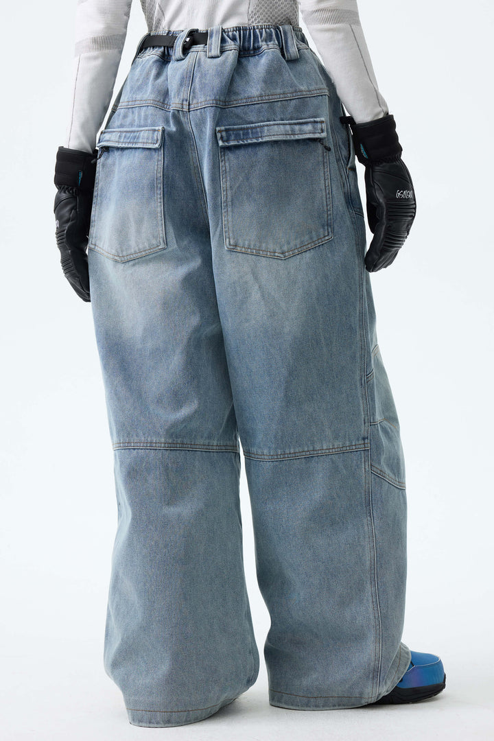 Women's Dusty Blue Wash Real Denim Articulated-Knee Baggy Snow Pants