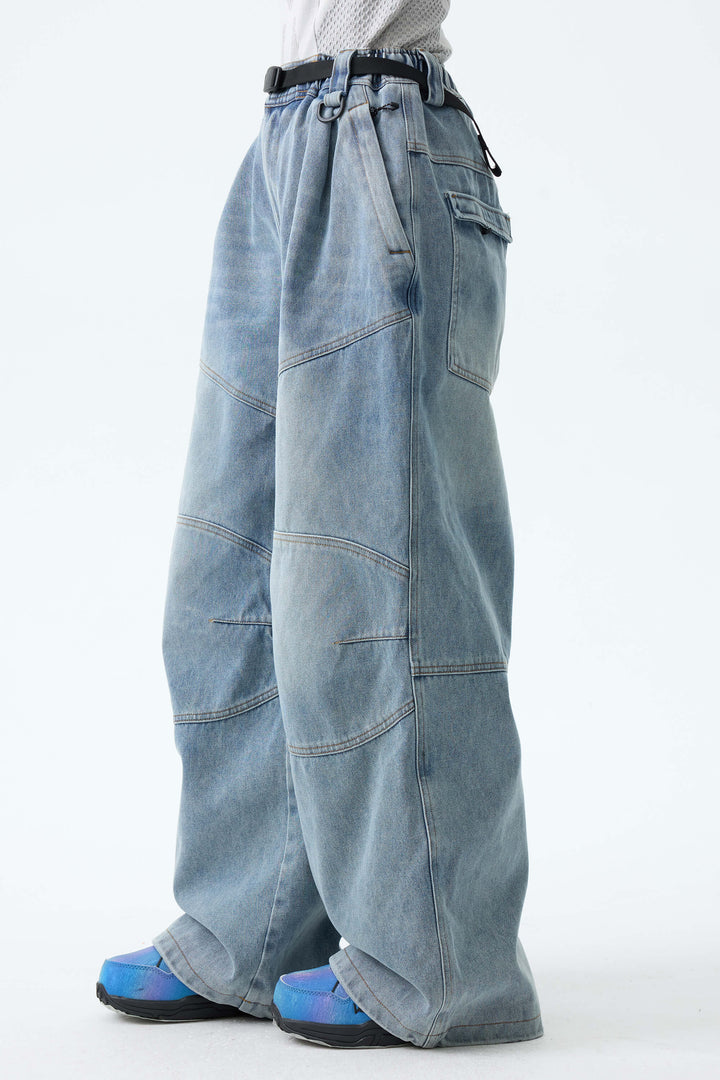 Women's Dusty Blue Wash Real Denim Articulated-Knee Baggy Snow Pants