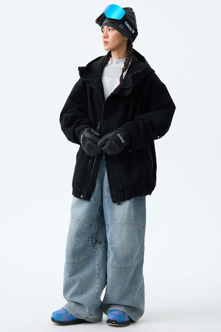 Women's Ice Blue Wash Real Denim Articulated-Knee Baggy Snow Pants