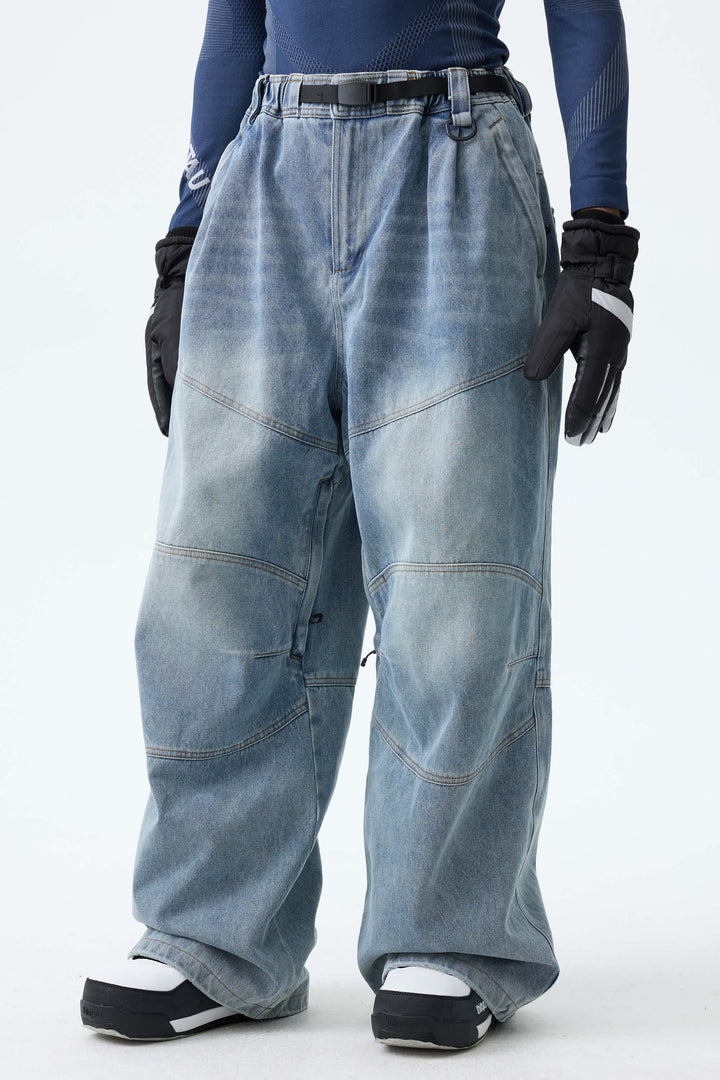 Men's Washed Black Real Denim Articulated-Knee Baggy Snow Pants