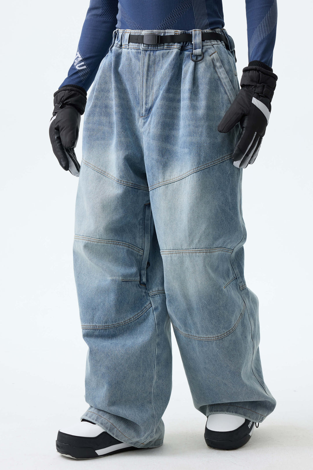 Men's Dusty Blue Wash Real Denim Articulated-Knee Baggy Snow Pants