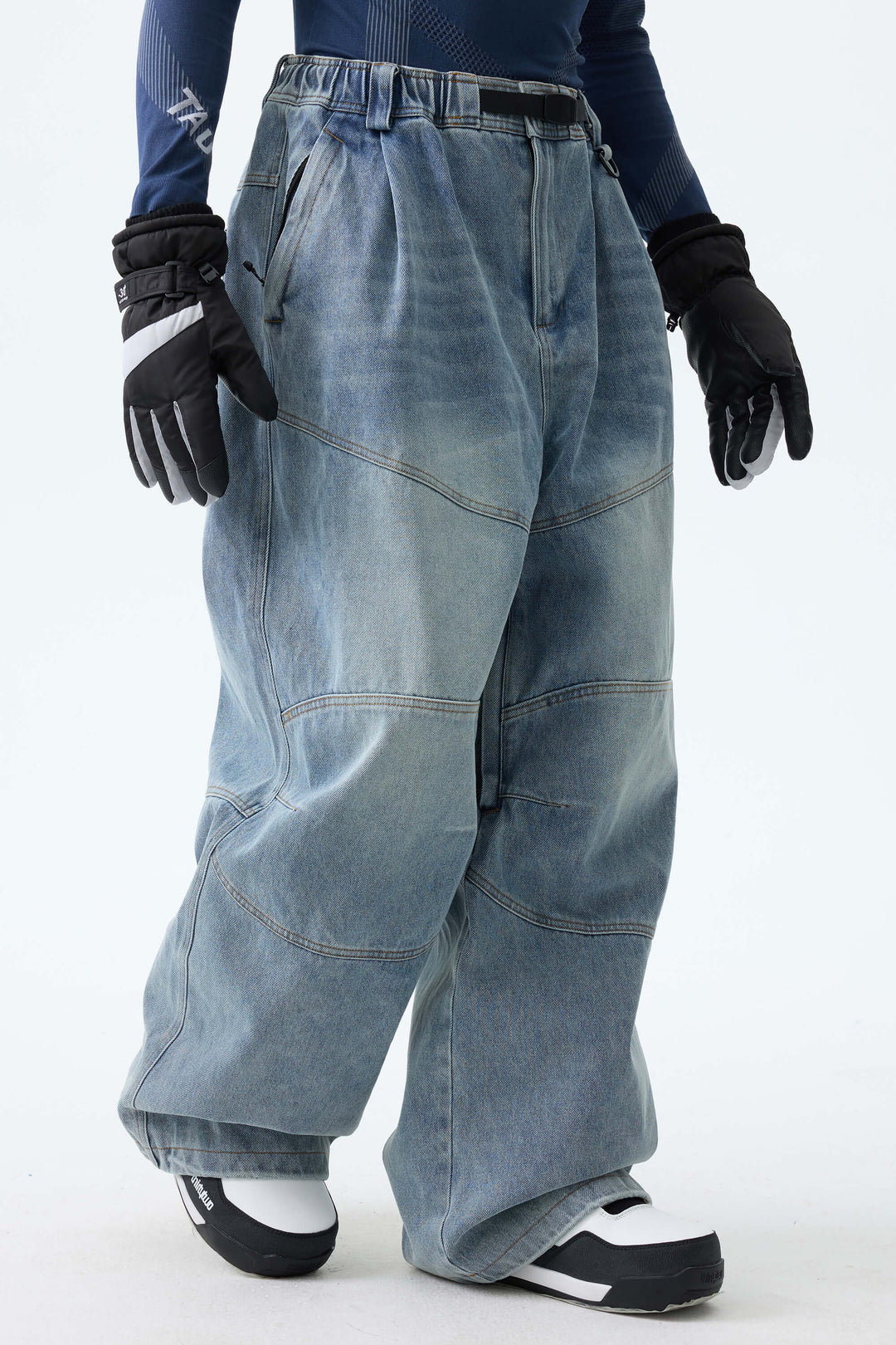 Men's Washed Black Real Denim Articulated-Knee Baggy Snow Pants