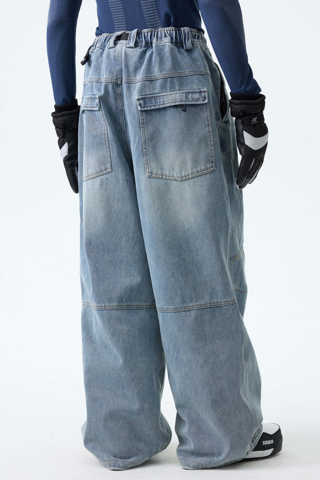 Men's Dusty Blue Wash Real Denim Articulated-Knee Baggy Snow Pants