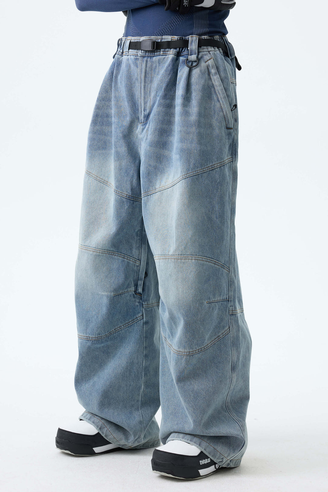 Men's Dusty Blue Wash Real Denim Articulated-Knee Baggy Snow Pants