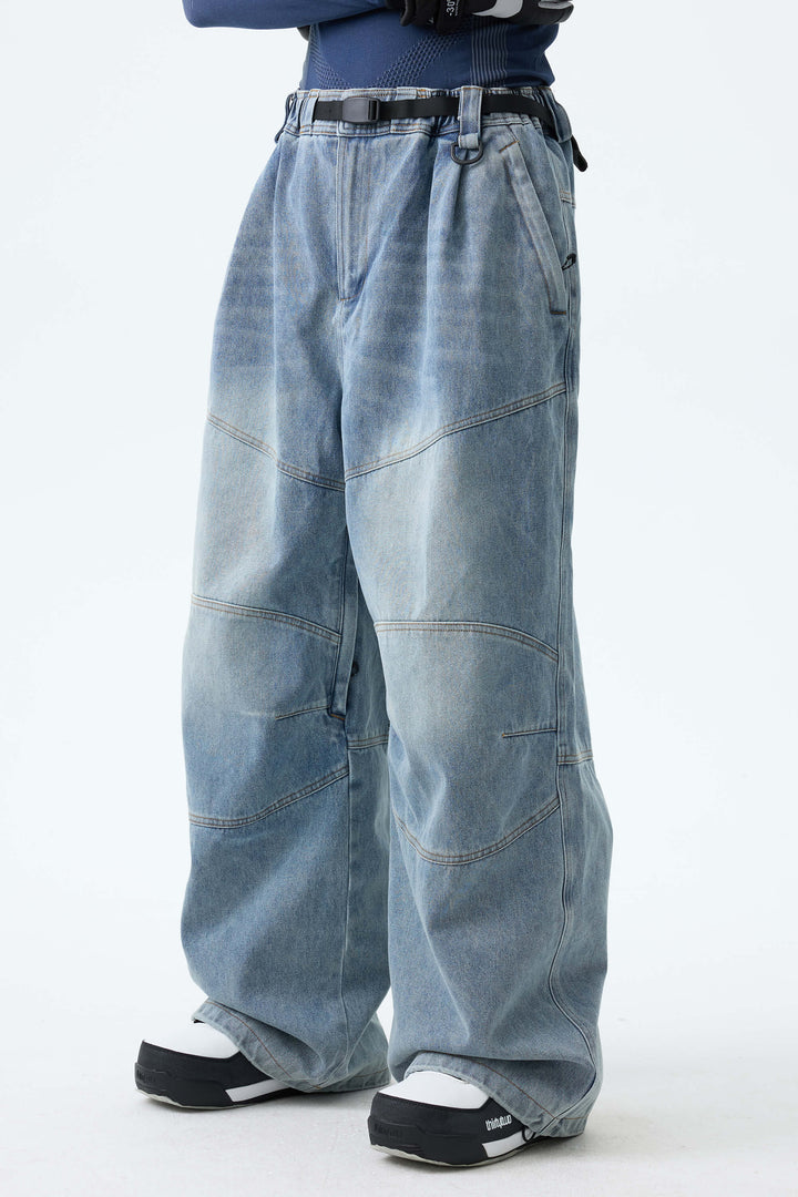 Men's Dusty Blue Wash Real Denim Articulated-Knee Baggy Snow Pants