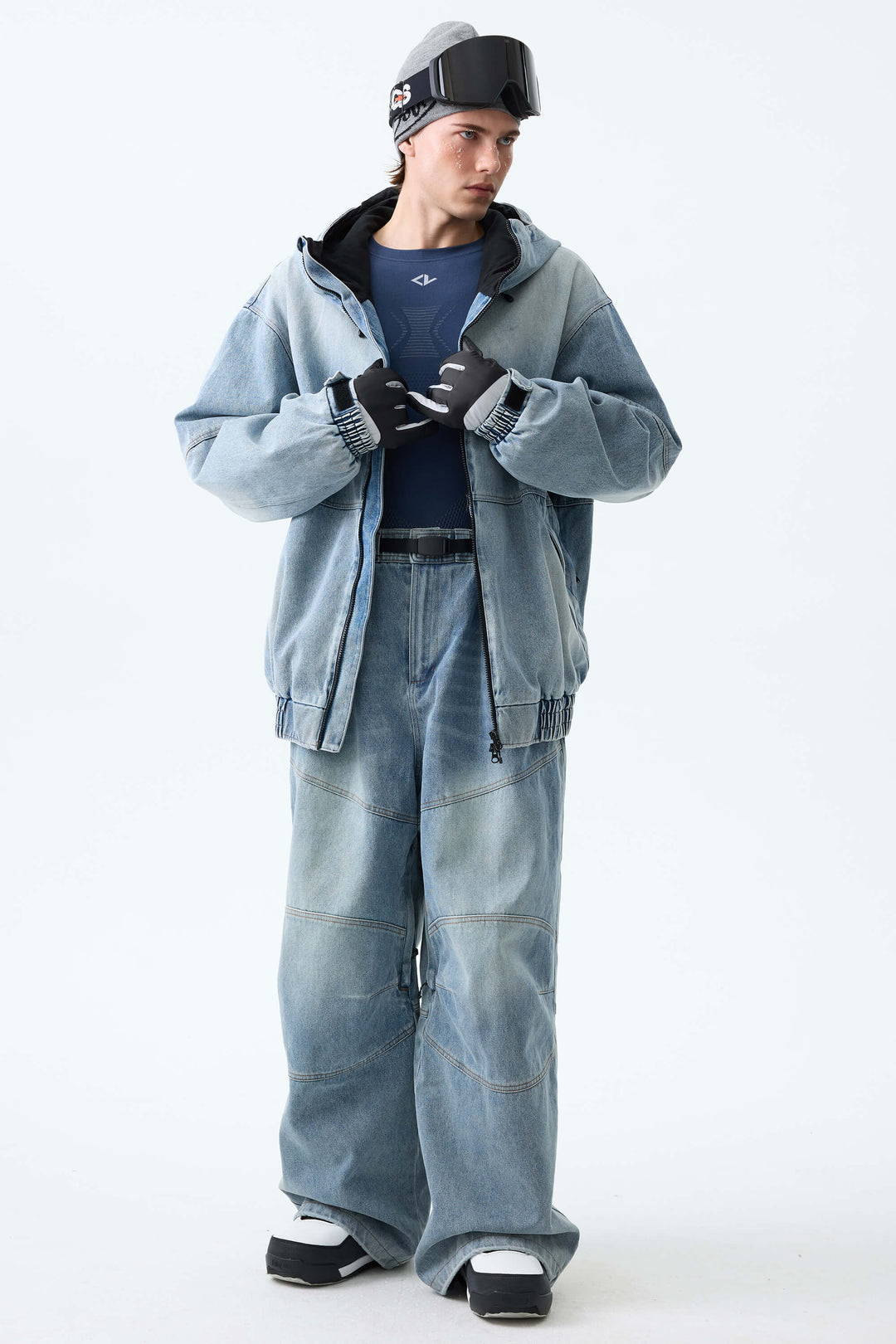 Men's Washed Black Real Denim Articulated-Knee Baggy Snow Pants