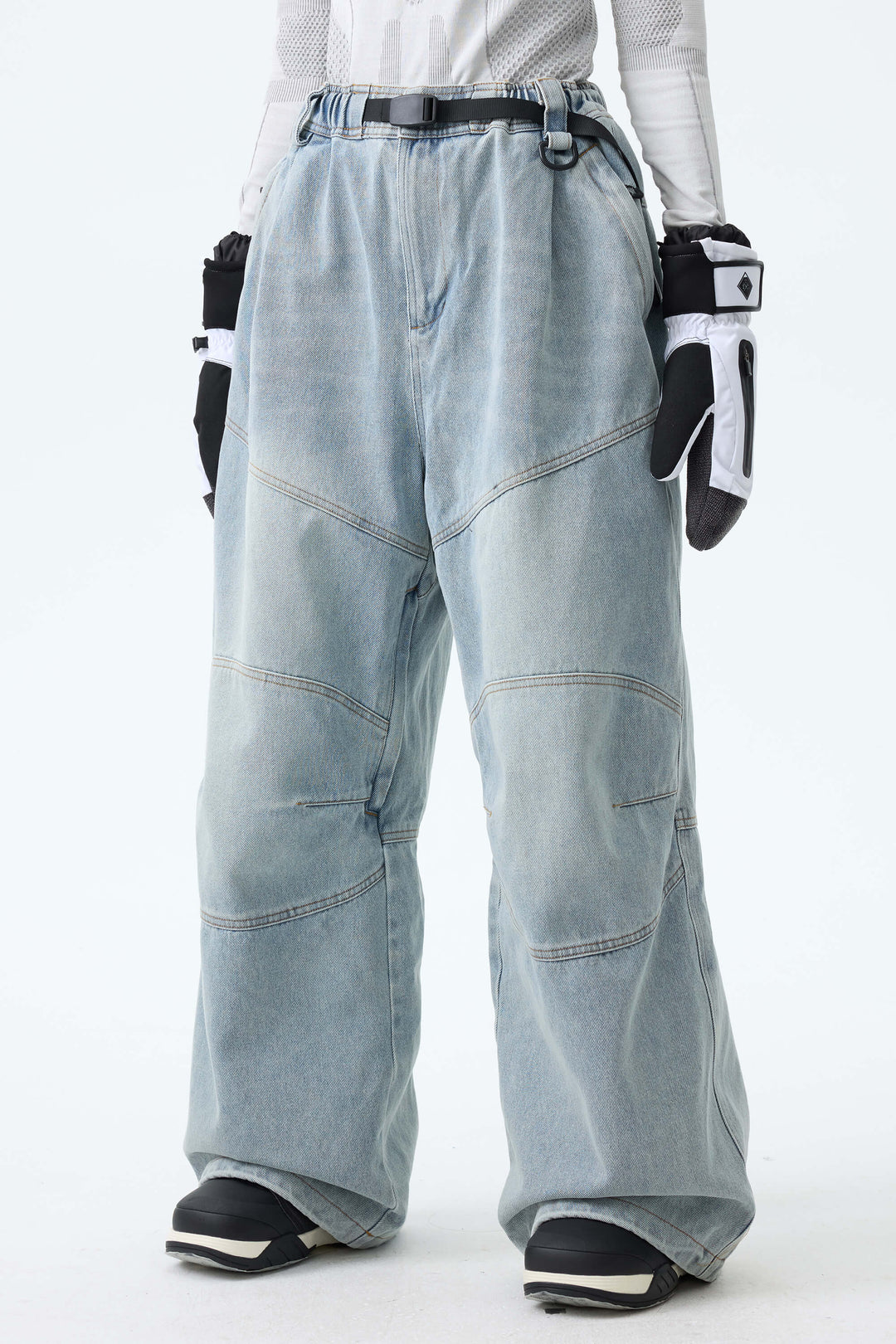 Women's Ice Blue Wash Real Denim Articulated-Knee Baggy Snow Pants