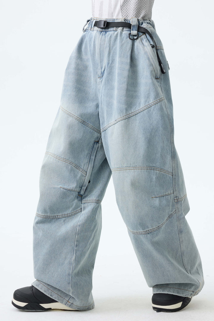 Women's Ice Blue Wash Real Denim Articulated-Knee Baggy Snow Pants