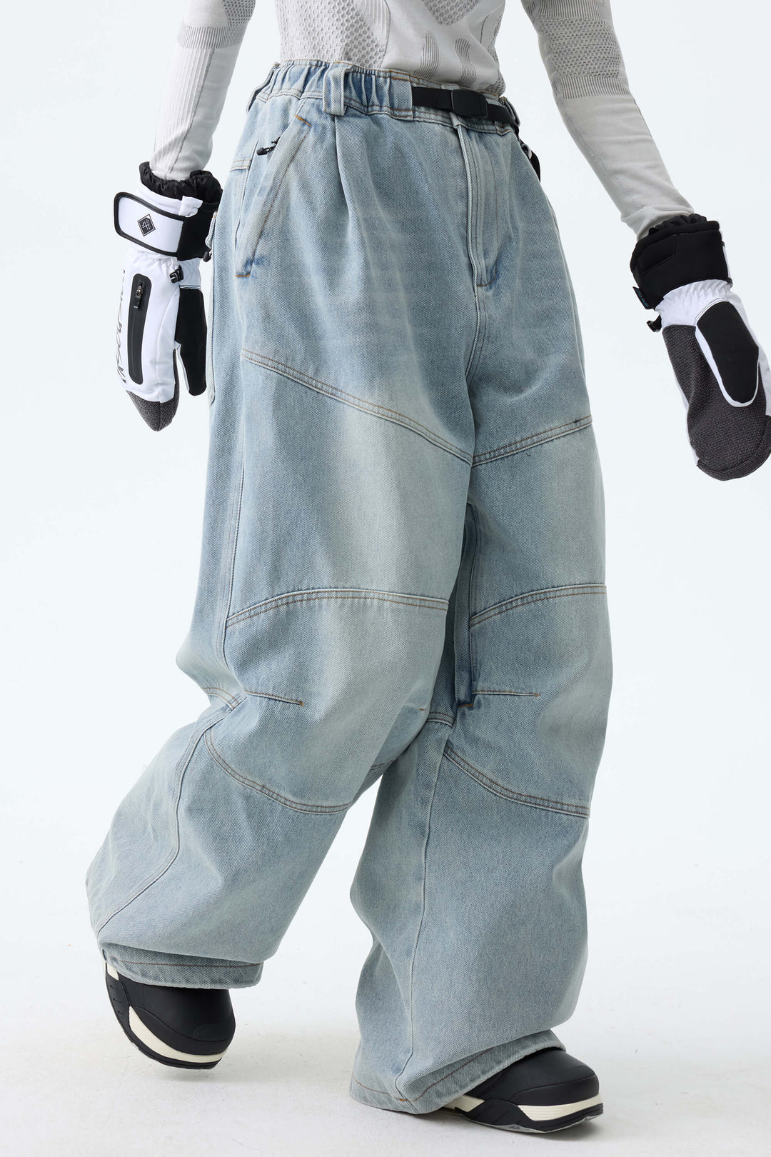 Women's Ice Blue Wash Real Denim Articulated-Knee Baggy Snow Pants