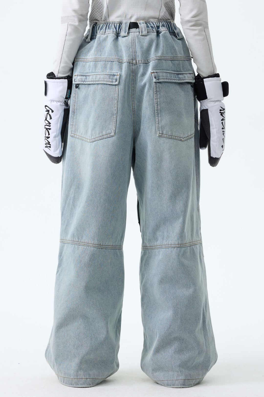 Women's Ice Blue Wash Real Denim Articulated-Knee Baggy Snow Pants
