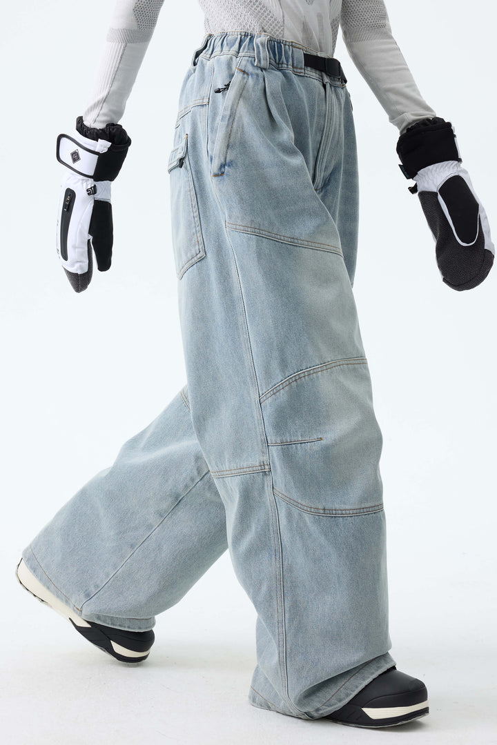 Women's Ice Blue Wash Real Denim Articulated-Knee Baggy Snow Pants