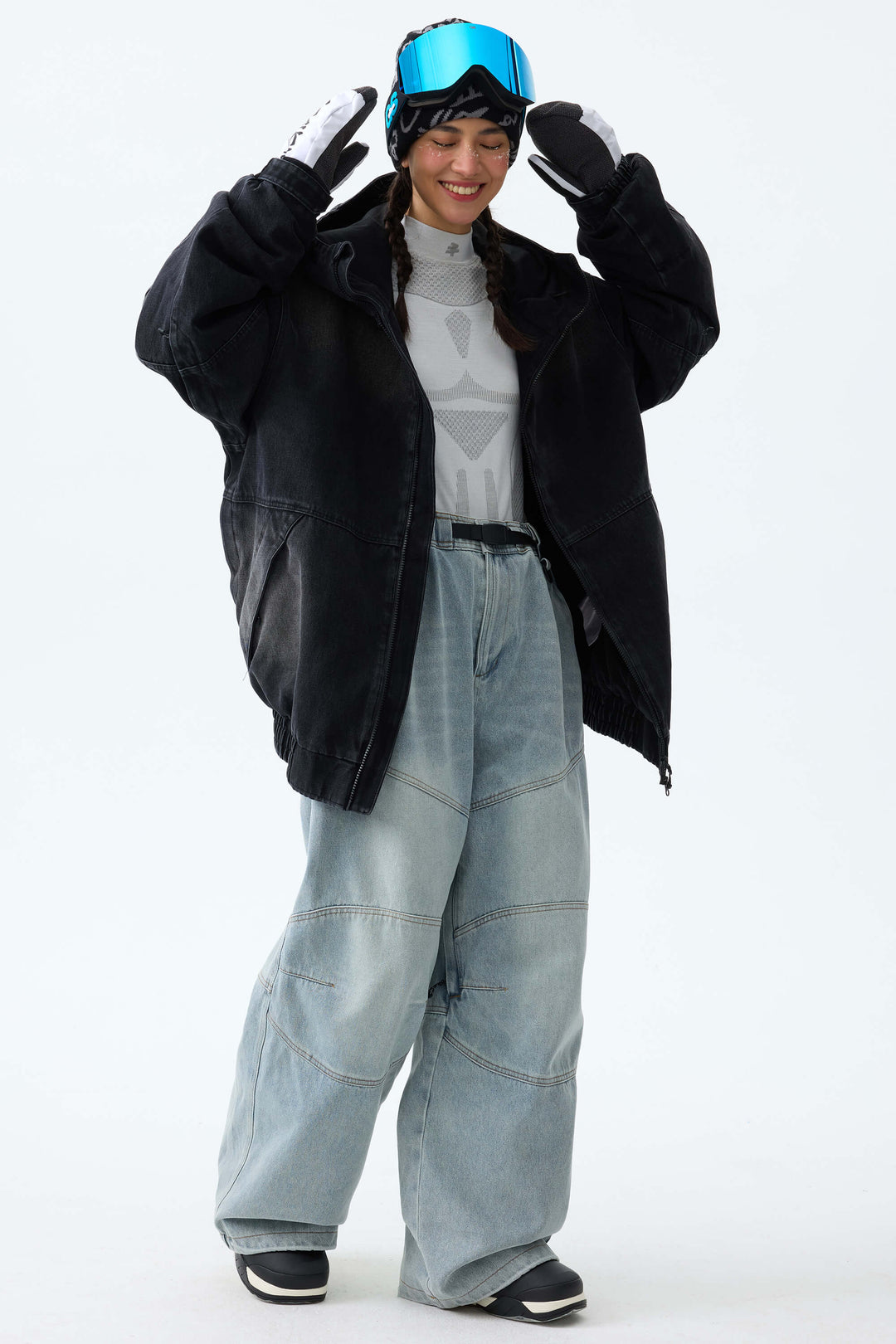 Women's Ice Blue Wash Real Denim Articulated-Knee Baggy Snow Pants