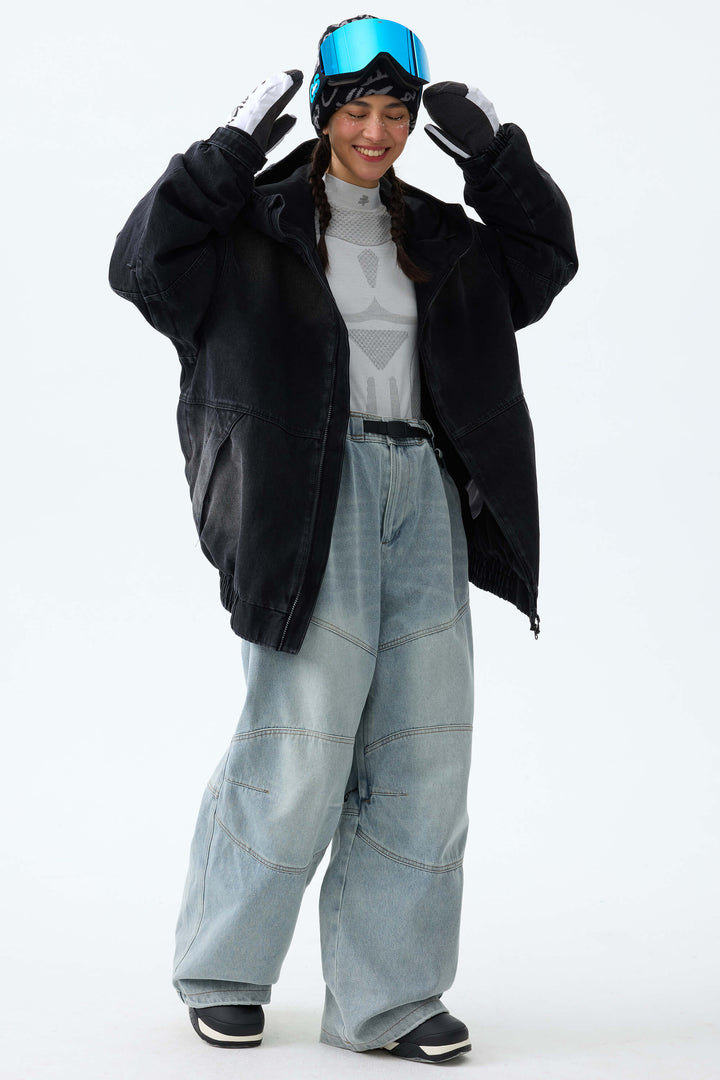 Women's Ice Blue Wash Real Denim Articulated-Knee Baggy Snow Pants