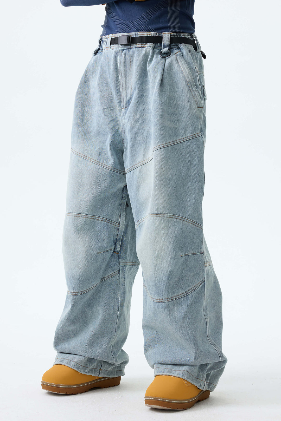 Men's Washed Black Real Denim Articulated-Knee Baggy Snow Pants