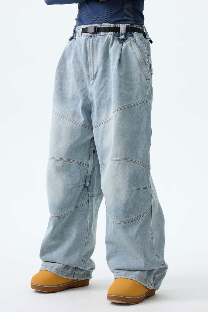 Men's Washed Black Real Denim Articulated-Knee Baggy Snow Pants