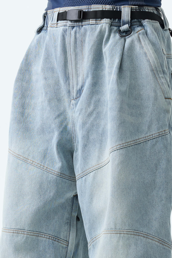 Men's Ice Blue Wash Real Denim Articulated-Knee Baggy Snow Pants
