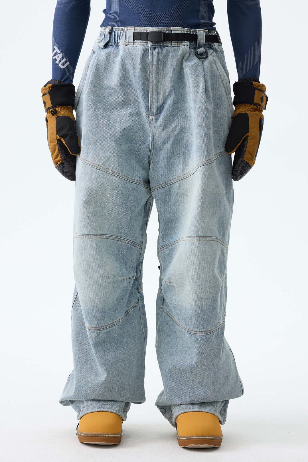 Men's Ice Blue Wash Real Denim Articulated-Knee Baggy Snow Pants