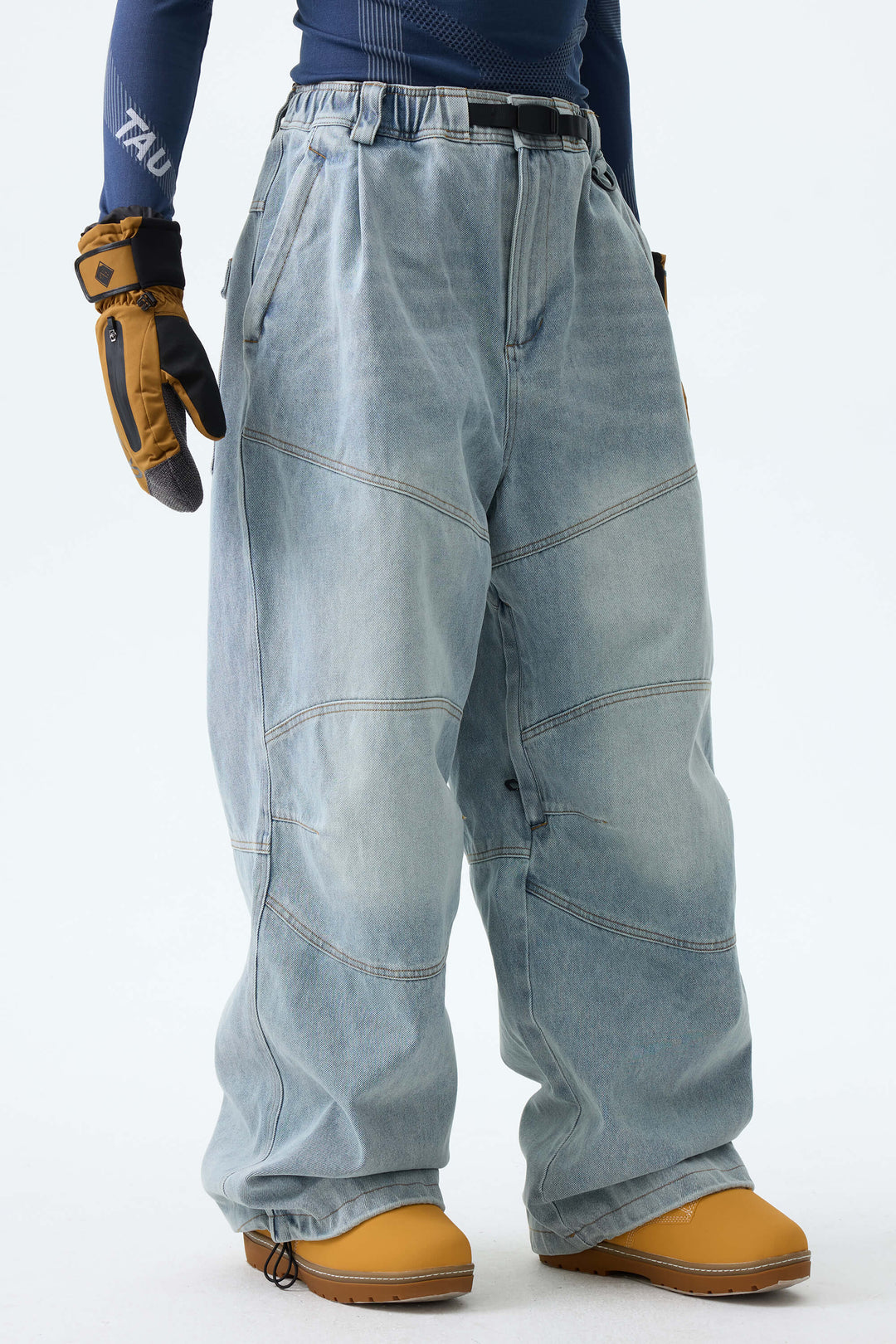 Men's Ice Blue Wash Real Denim Articulated-Knee Baggy Snow Pants