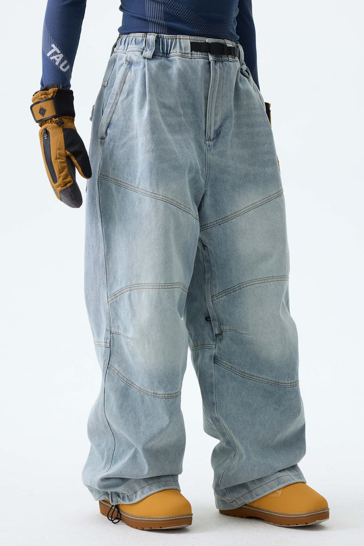 Men's Ice Blue Wash Real Denim Articulated-Knee Baggy Snow Pants