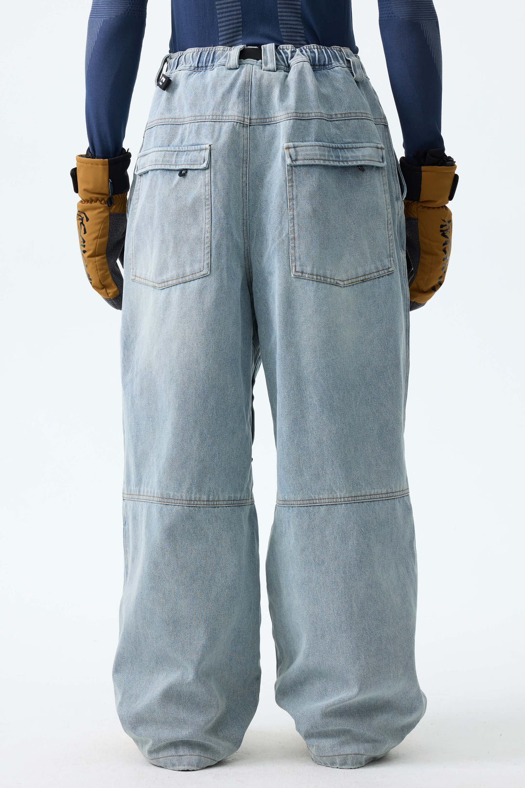 Men's Ice Blue Wash Real Denim Articulated-Knee Baggy Snow Pants