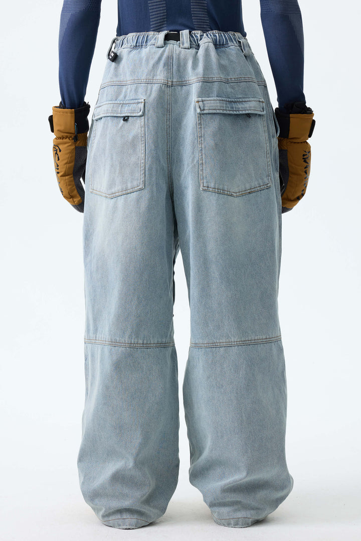 Men's Ice Blue Wash Real Denim Articulated-Knee Baggy Snow Pants
