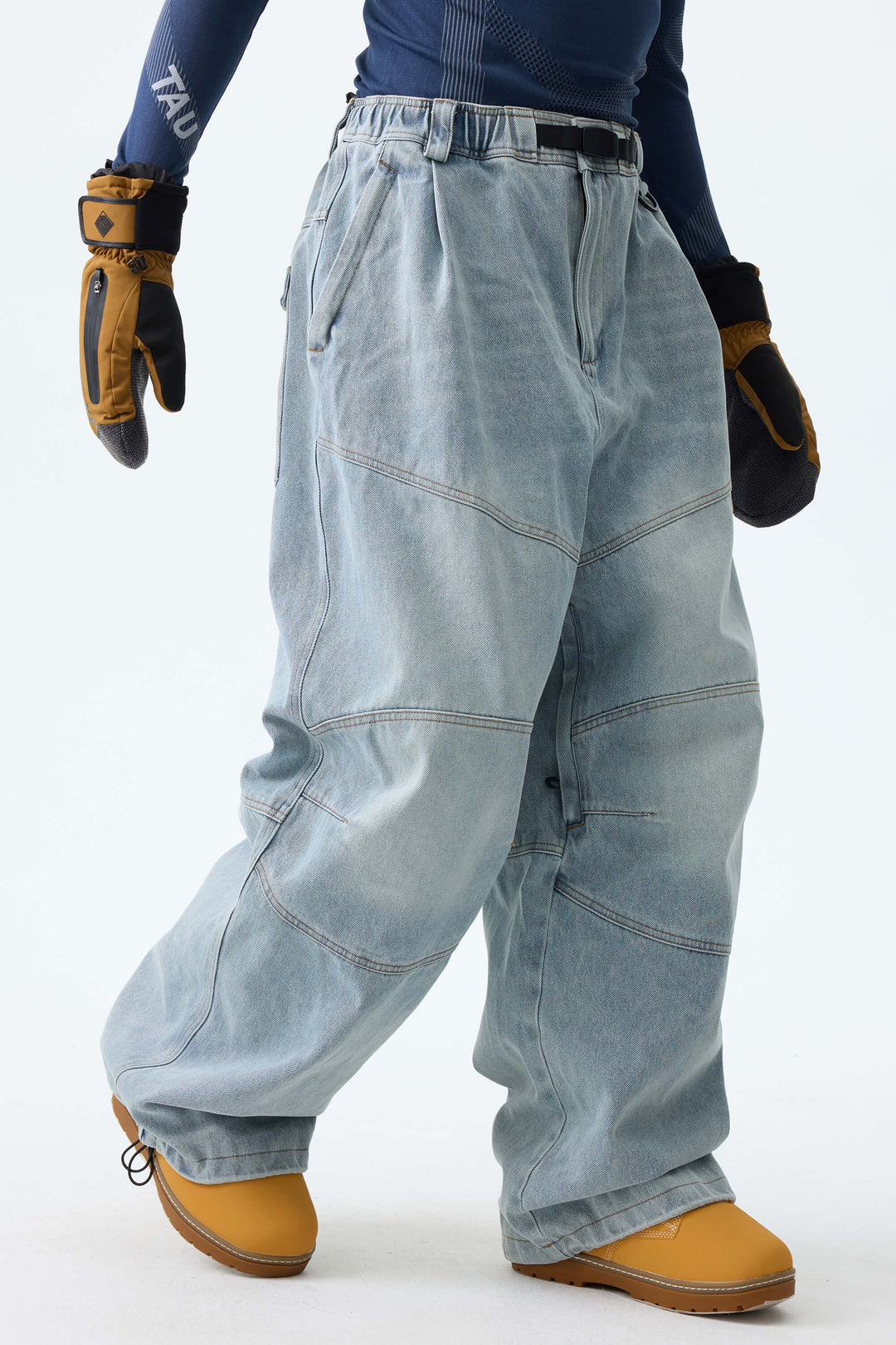 Men's Washed Black Real Denim Articulated-Knee Baggy Snow Pants