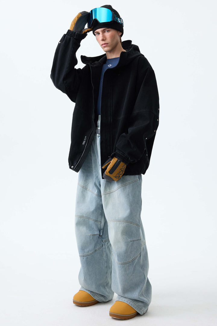 Men's Washed Black Real Denim Articulated-Knee Baggy Snow Pants