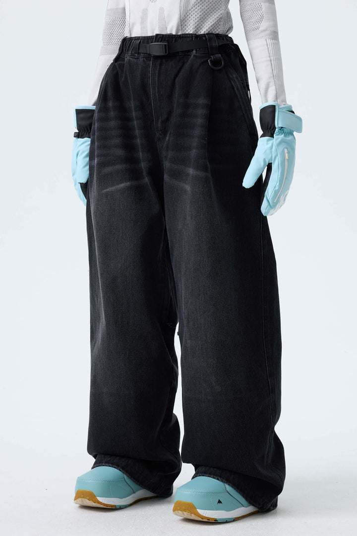 Women's Washed Black Real Denim Vintage-Wash Baggy Snow Pants