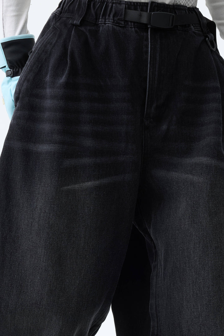Women's Washed Black Real Denim Vintage-Wash Baggy Snow Pants